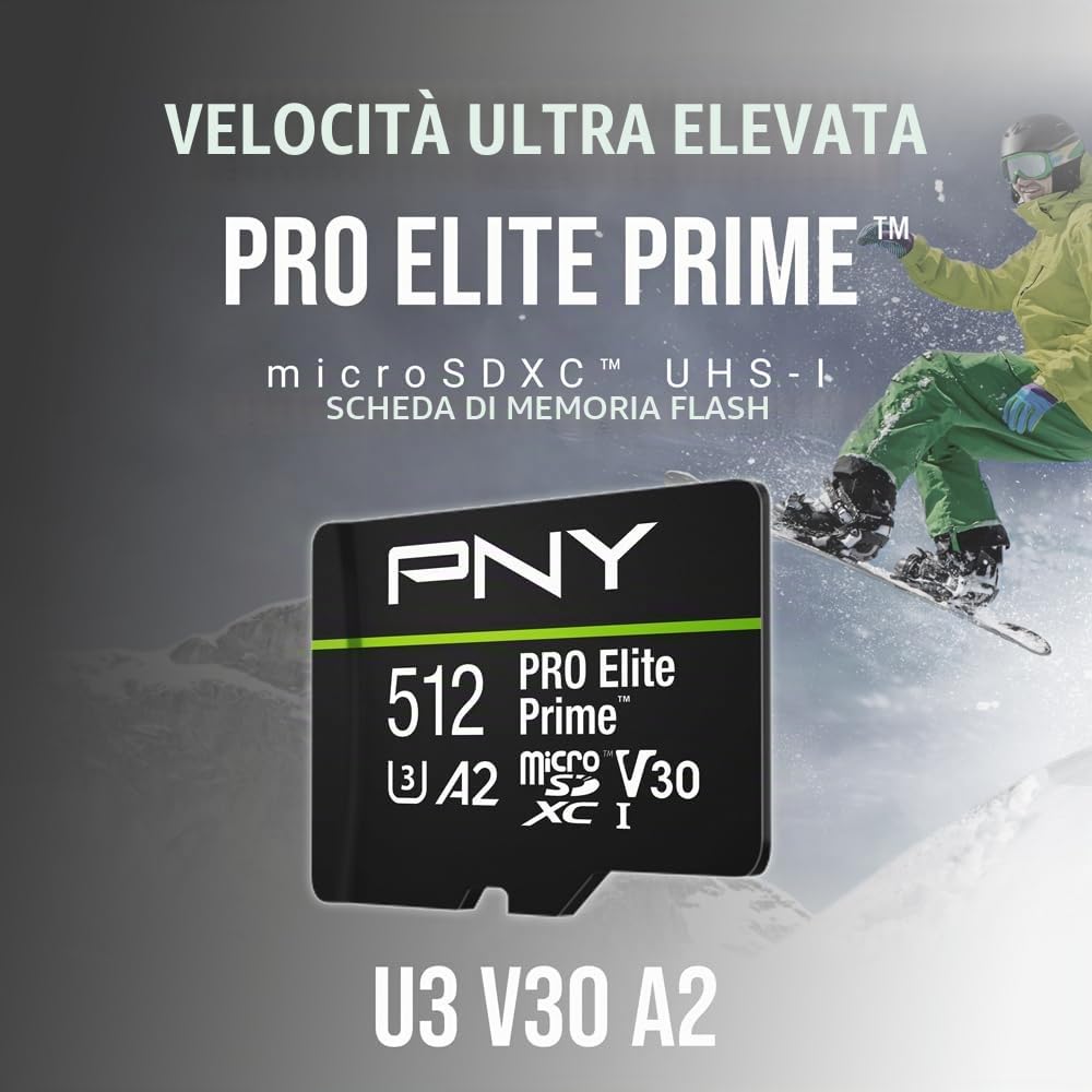 PNY 512GB PRO Elite Prime C10 U3 V30 A2 microSDXC Scheda di Memoria Flash