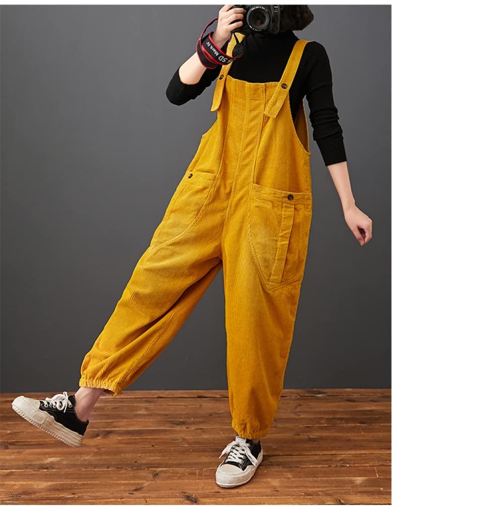 Damen Latzhose - Frauen Herbst Winter Gelb Cord Overalls Lose Plus Größe Strampler Tasche Breites Bein Overalls Für Outdoor Hosen Streetwear