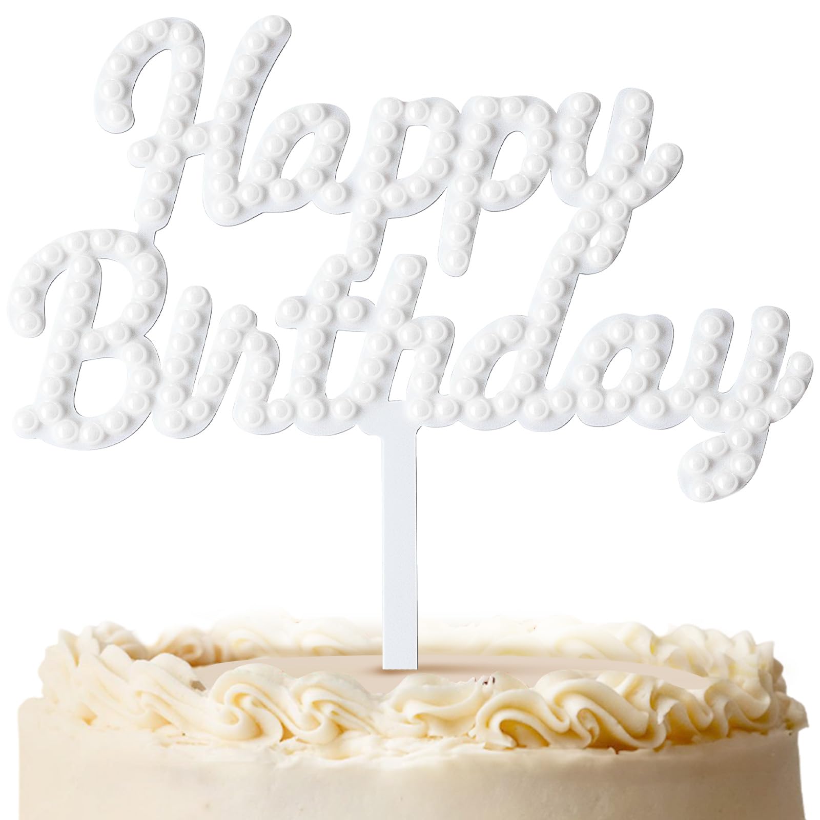 Pearl Happy Birthday Cake Topper with Acrylic Base, 6.3 x 7.2 Inches White Letter Cake Sign for Elegant Birthday Party Decorations and Cake Supplies
