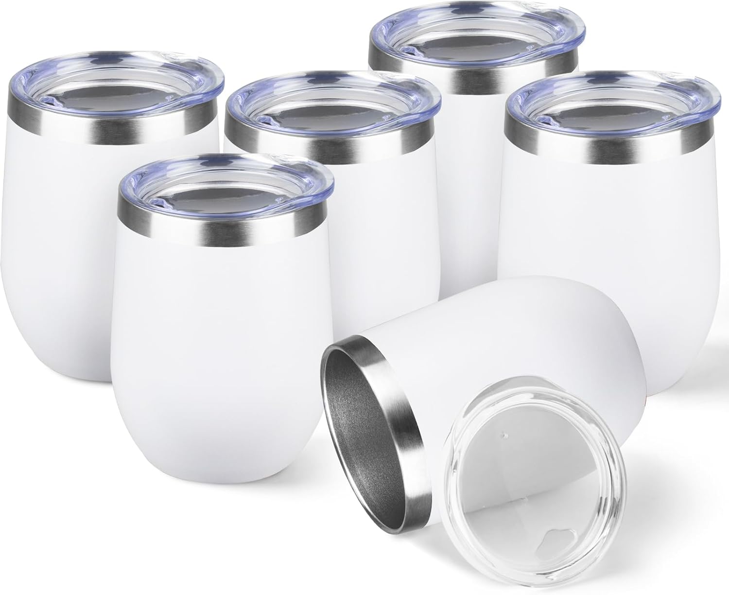 StarSpeed 12oz/6 Pack Wine Tumbler with lid, Stainless Steel Travel Mugs Stemless Double Wall Insulated Coffee Cup, Insulated Wine Glasses Travel Tumbler for Cold & Hot Drinks(White, 6)