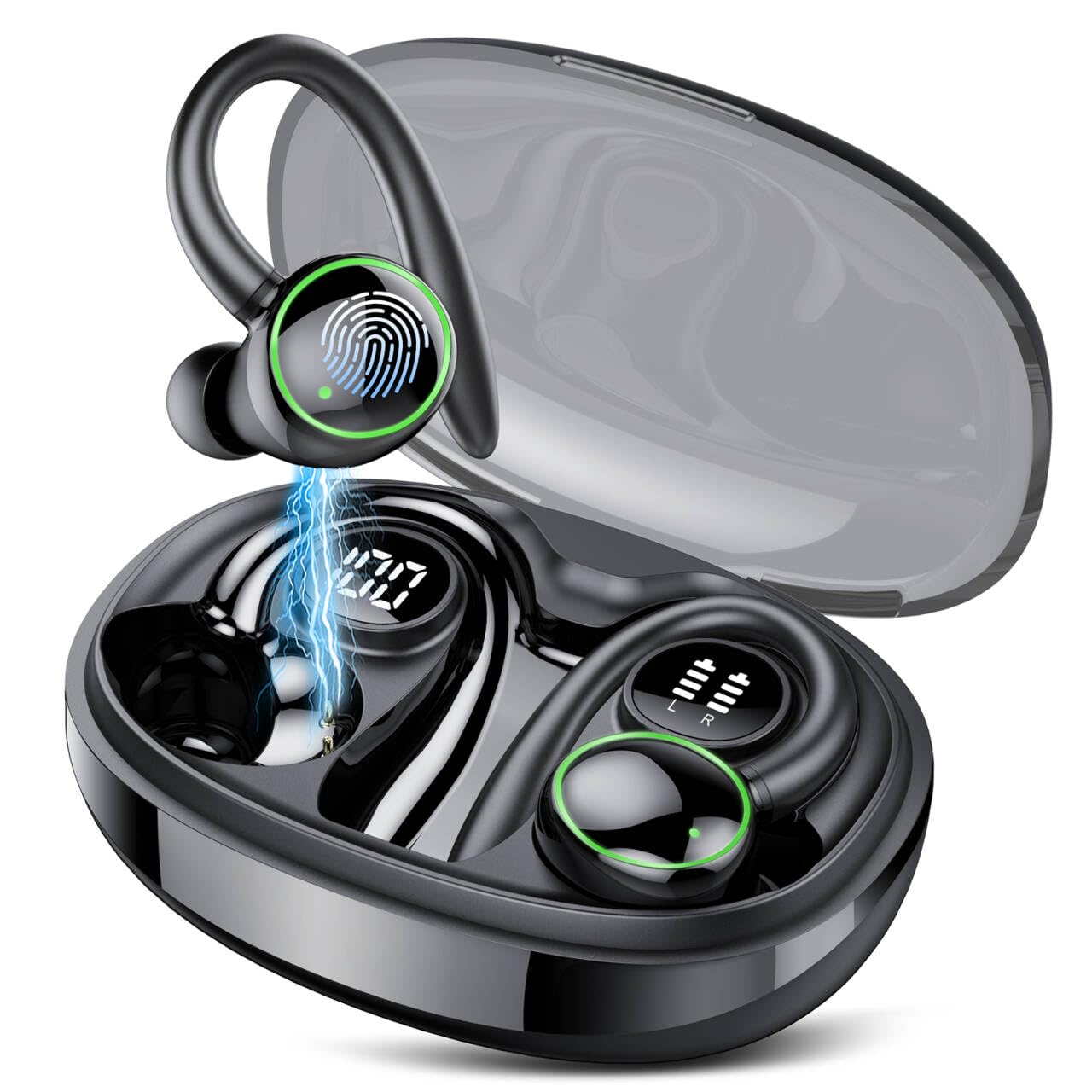 Wireless Earbuds, Bluetooth 5.3 Headphones Sport, Over Ear Buds With ENC Noise Cancelling Mic, 48H, Wireless Earphone With Earhooks, Stereo Deep Bass, IP7 Waterproof Headset for Workout Running, Black
