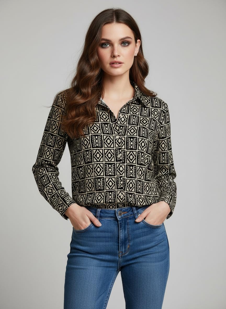 ANNI Designer Bedrucktes Damenhemd aus Baumwollmischgewebe, langärmelig, normale Passform, Hemdkragen, legere Bürokleidung, elegante Western-Kleidung für den Alltag, Hochzeit, Party