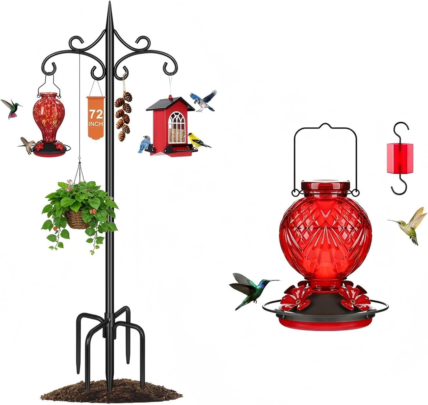Heavy Duty Double Shepherd Hooks 72inch 1 Pack Glass Hummingbird Feeder for Outdoors 20oz 1 Pack Red