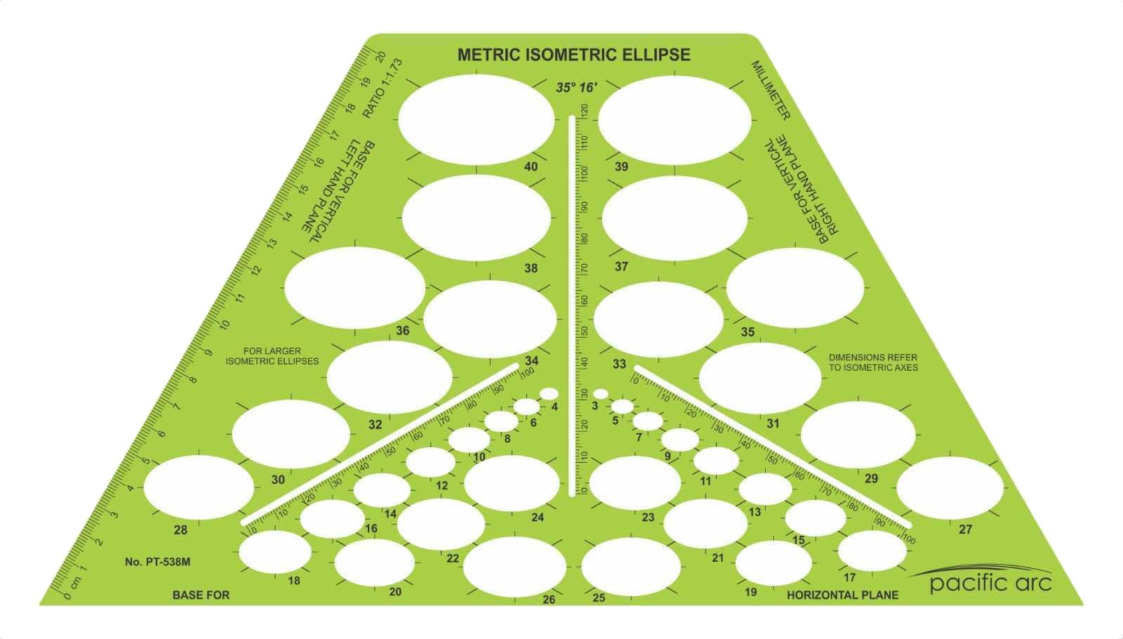 Pacific Arc Template: Metric Isometric Ellipse 35 &amp; 16 Degrees 13.25" x 7.25"