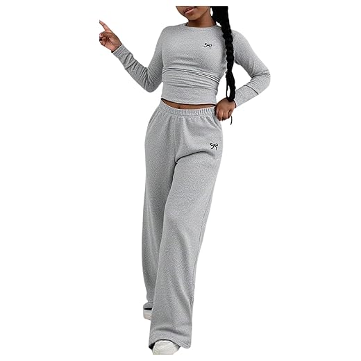 Girl's Two Piece Bow Print Clothing Set Long Sleeve Crop Tee Wide Leg Sweatpants Cute Outfits