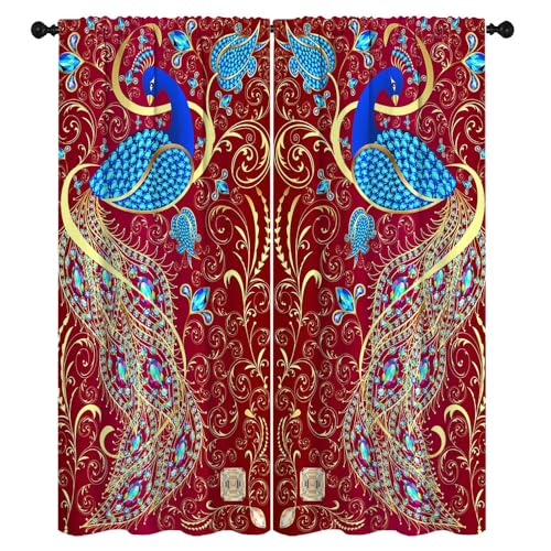 Cortinas opacas con estampado de pavo real, adorno dorado con gemas azules, cortinas con bolsillo para cortinero, para dormitorio, sala de estar, cocina, cuarto de bebé, 42 x 54 pulgadas de largo