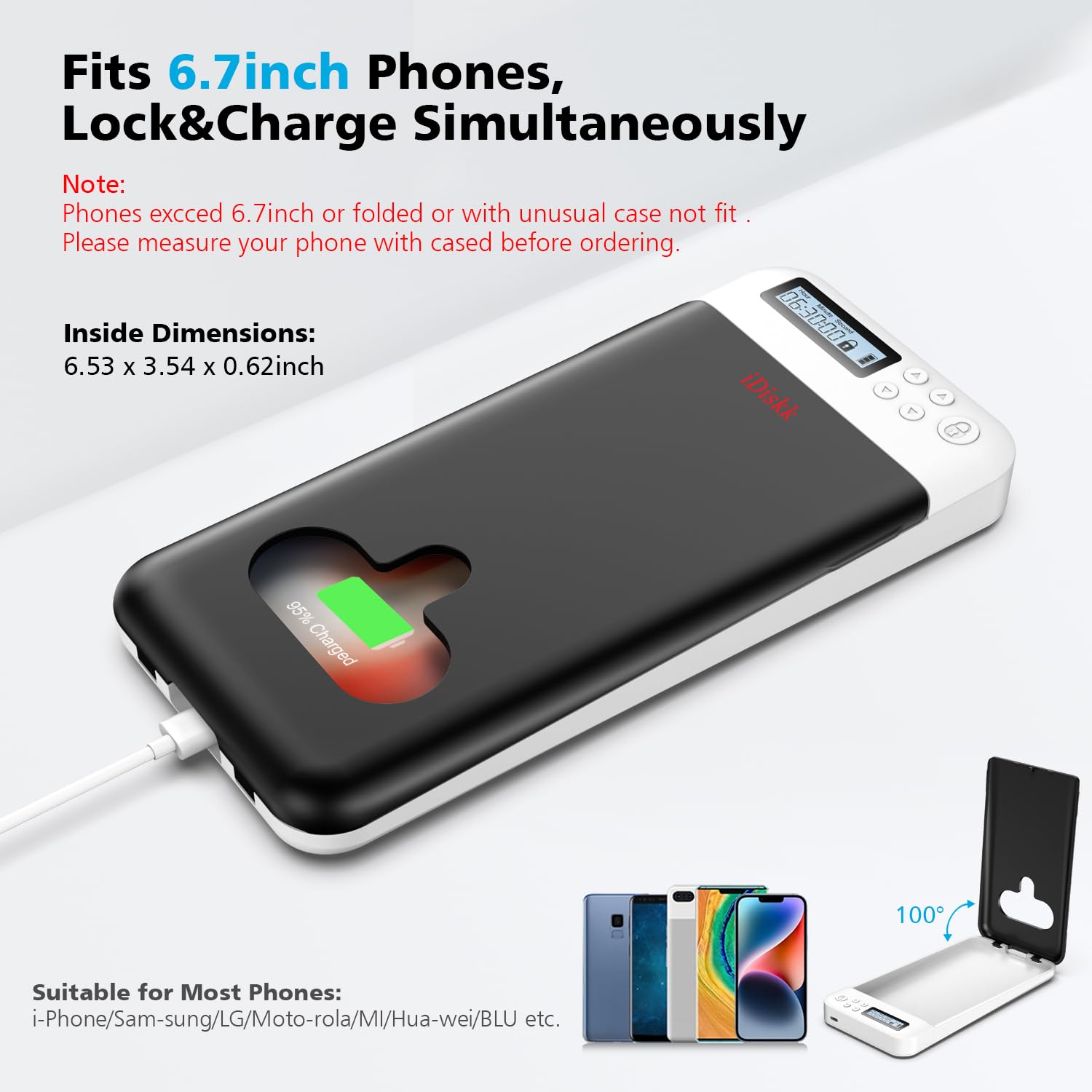 iDiskk Telefonschlossbox, Telefongefängnis, Timer-Lockbox für Android-Handy/iPhone (max. 6,7 Zoll), Selbststeuerung, zeitgesteuerte Schließfachbox für Telefon-Ergänzung/Versuchung (schwarz)