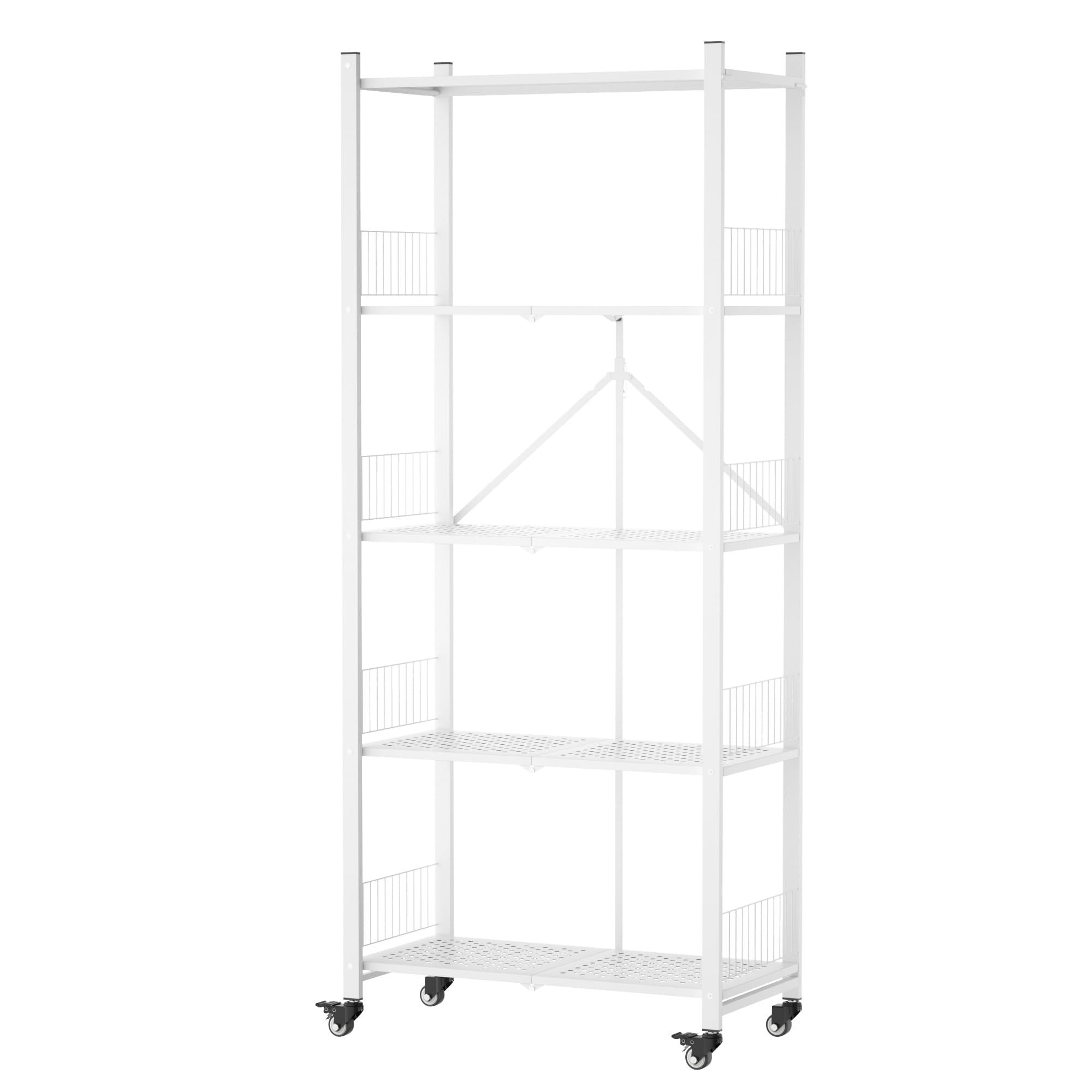 Foldable Storage Shelves Unit, 5-Tier Folding Shelf Rack Organizer Cart with Rolling Wheels for Temporary or Mobile Storage in Garage Kitchen Warehouse Patio Plants Basement ( White, 5-Tier)