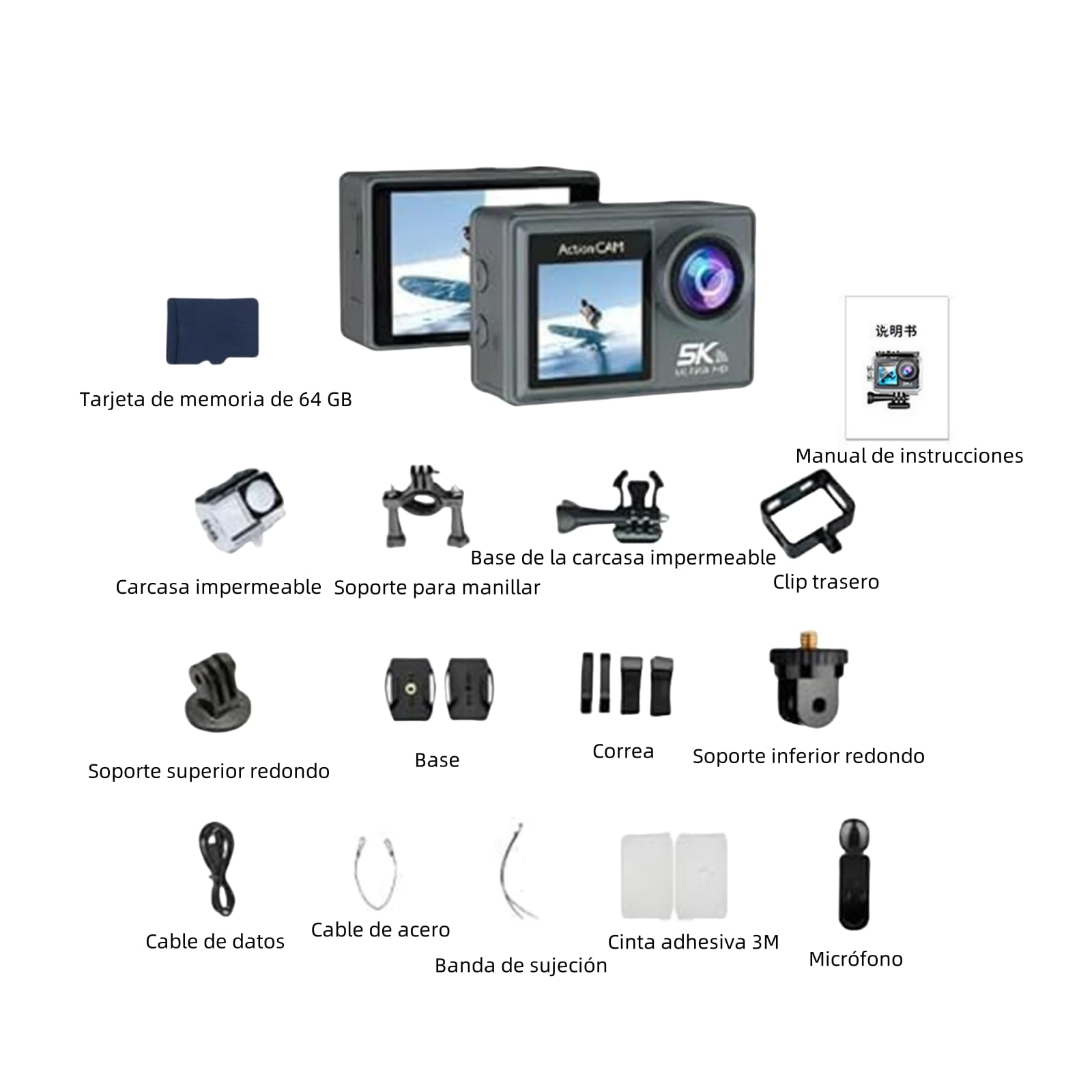 puruxe Camara de accion，Estabilizador 5K + Control Remoto + Pantalla táctil + micrófono + Tarjeta de Memoria de 64 GB