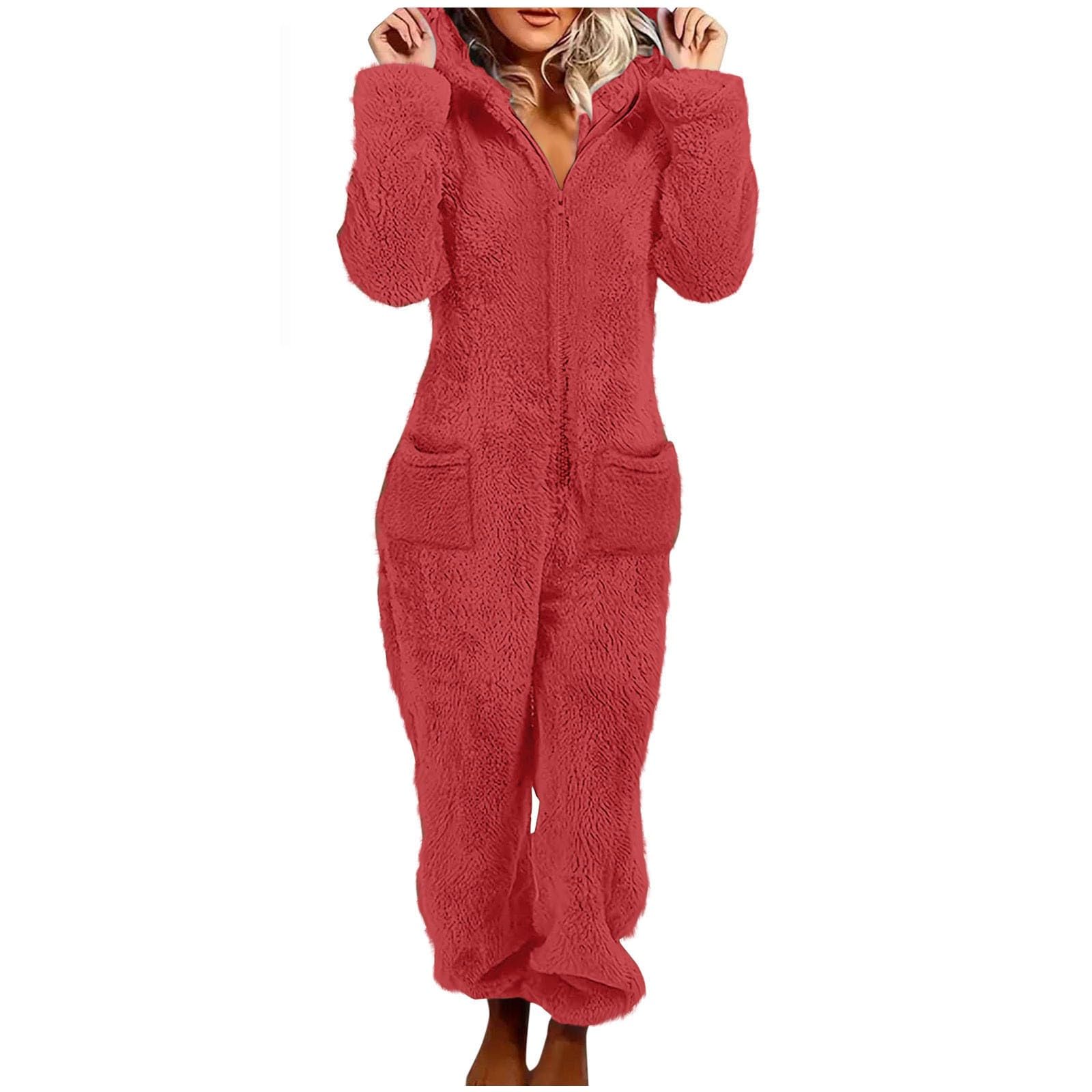 Mono esponjoso para mujer, pijama de forro polar con capucha y bolsillos