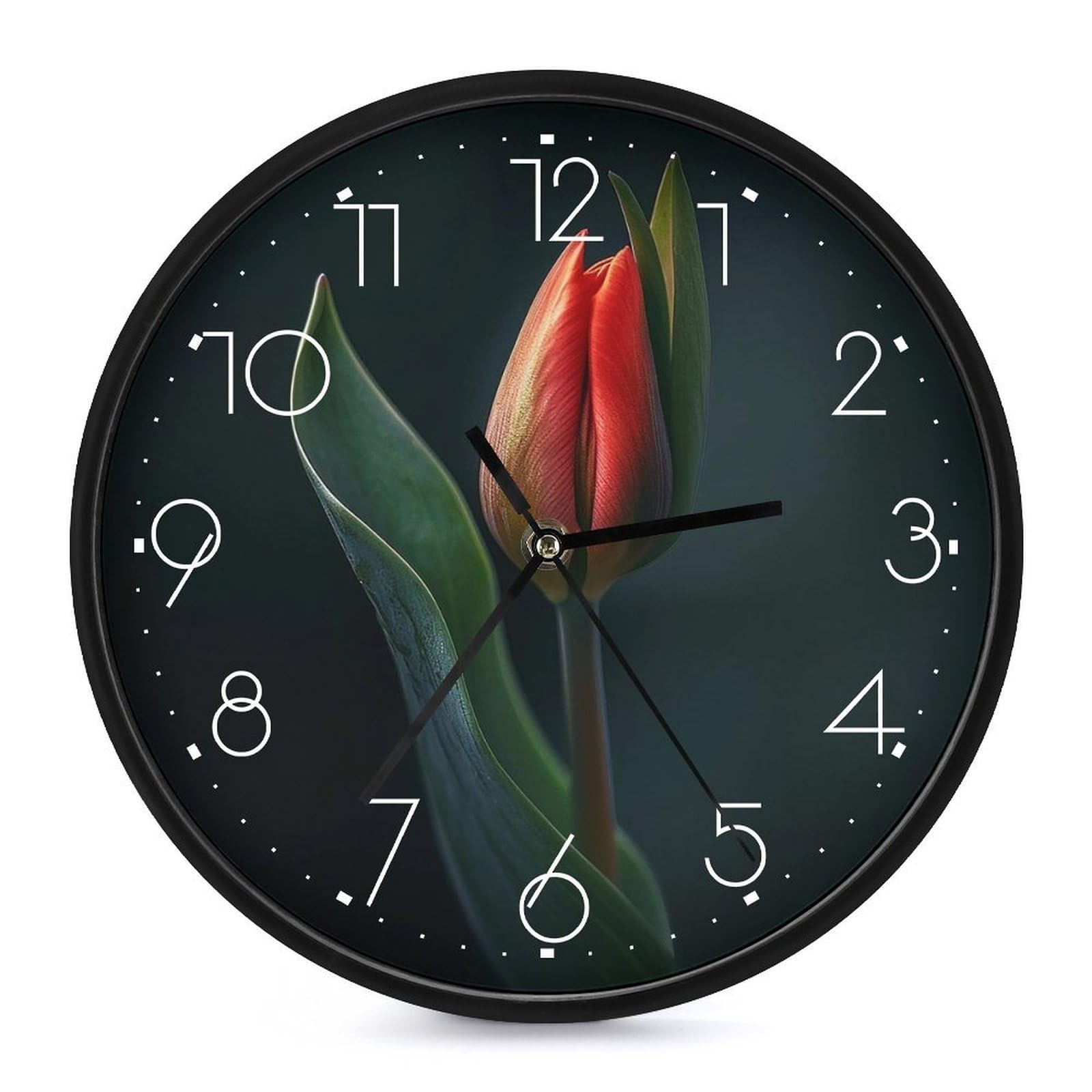 XOPEKVLAWM Wall Clock 10 Inch Non-Ticking Silent Modern Simple Style Round Decor Clocks Red Tulip Buds Clock Decorative Battery Operated Wall Clocks for Home Office Living Room Bedroom Kitchen
