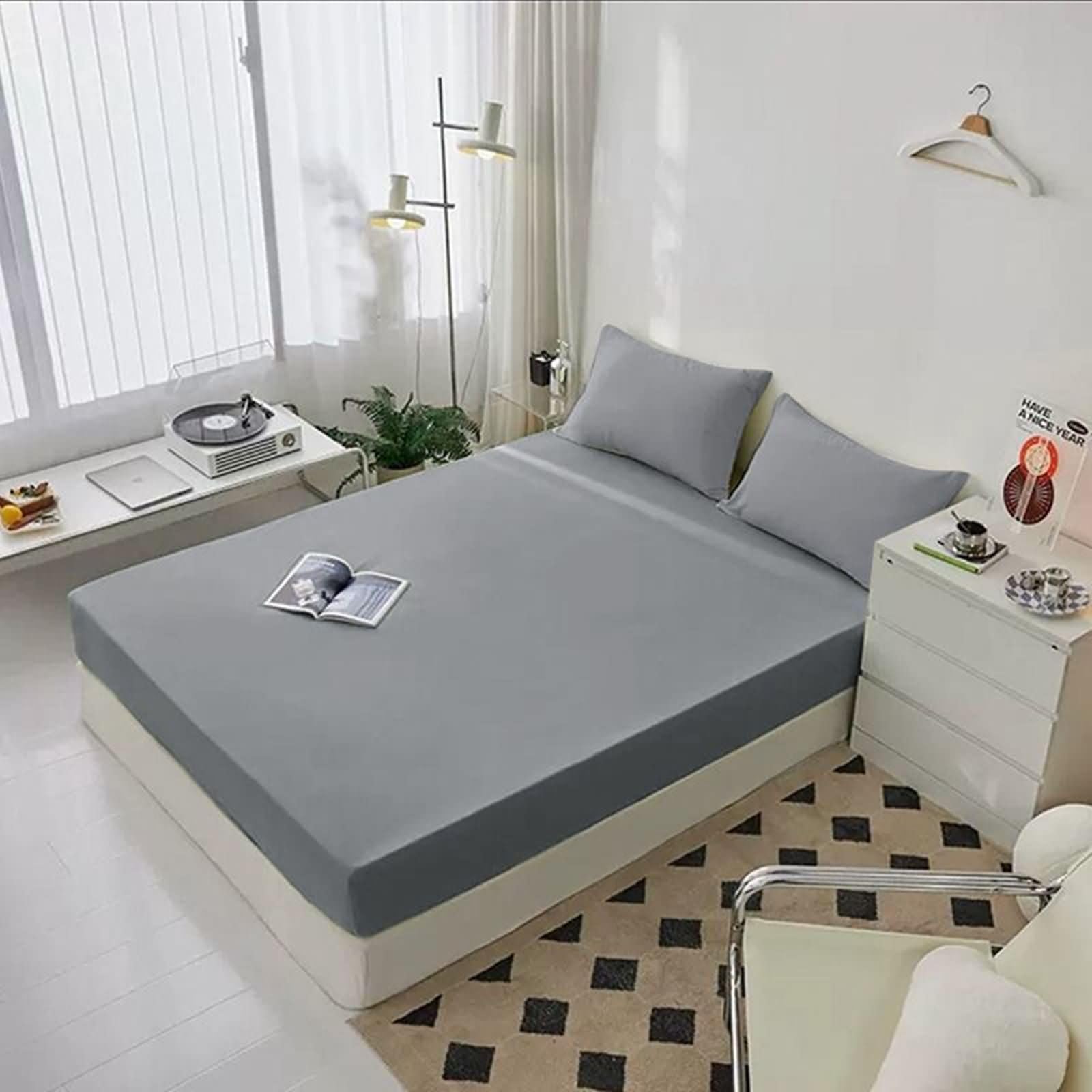 Gualiy Super King Fitted Bottom Sheet, Solid Color Mattress Bed Sheets Polyester Fitted Sheet 180x200cm, Gray