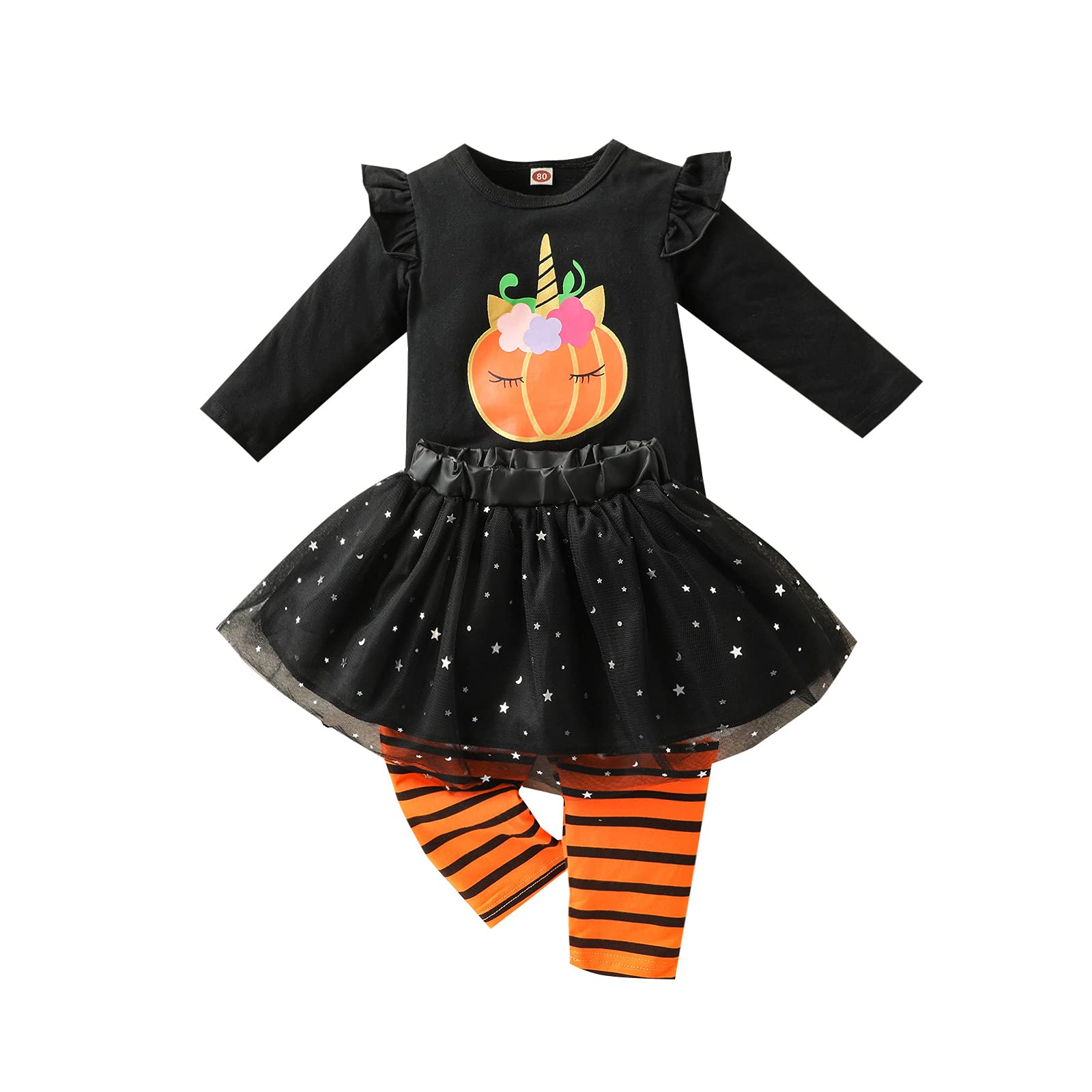 Verve Jelly Bebé niña Ropa de Halloween Volantes Manga larga Tops de calabaza Falda de tutú de tul Pantalones largos a rayas Niños pequeños Trajes de otoño invierno Conjunto de ropa de 3 piezas