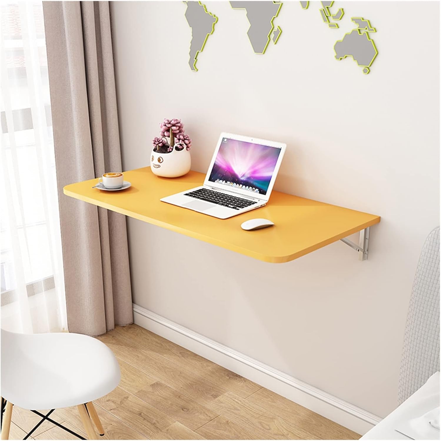 Wall Mounted Folding Workbench Drop Leaf Table Desk Pine Wood Study Table Collapsible Bar Tables (Yellow 35x80cm)
