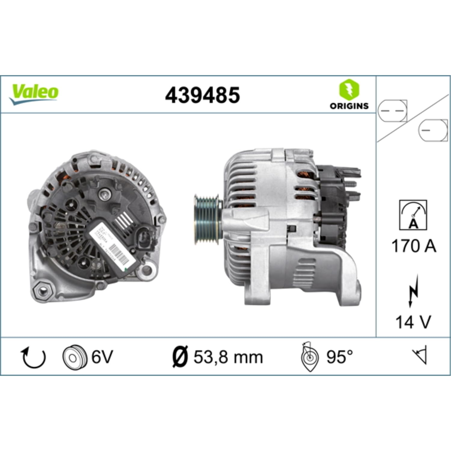 VALEO-439485-Generator-Generator-Ladestrom [A] : 170 - Rippenanzahl : 6 - Riemenscheiben Durchmesser [mm] : 55 - Spannung [V] : 14 - Drehrichtung : DREHRICHTUNG IM UHRZEIGERSINN