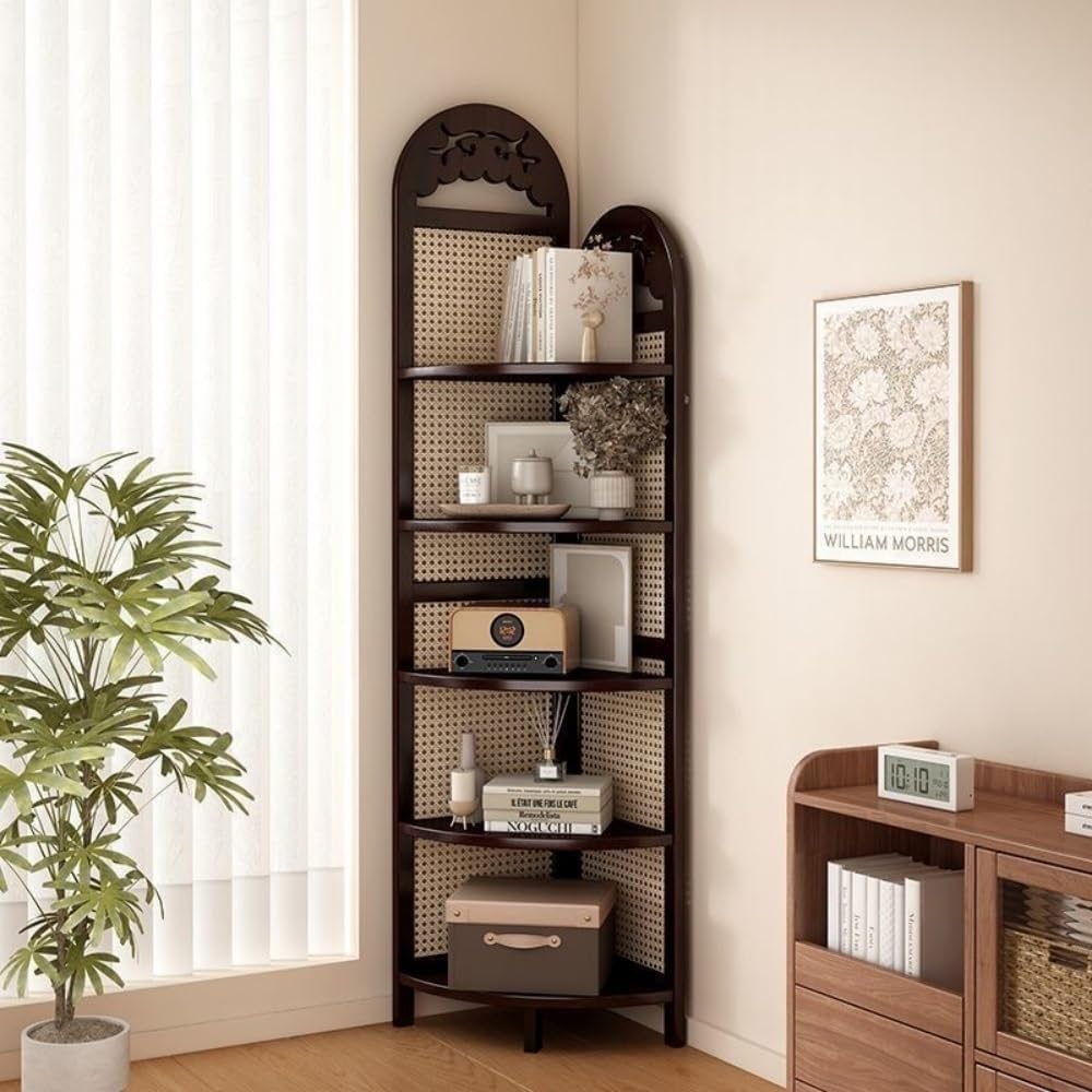 5-Tier Retro Rattan Corner Shelf - Freestanding Bookshelf with Sturdy Frame for Small Spaces, Ideal for Living Room, Heavy-Duty Storage Solution (Natural Finish)