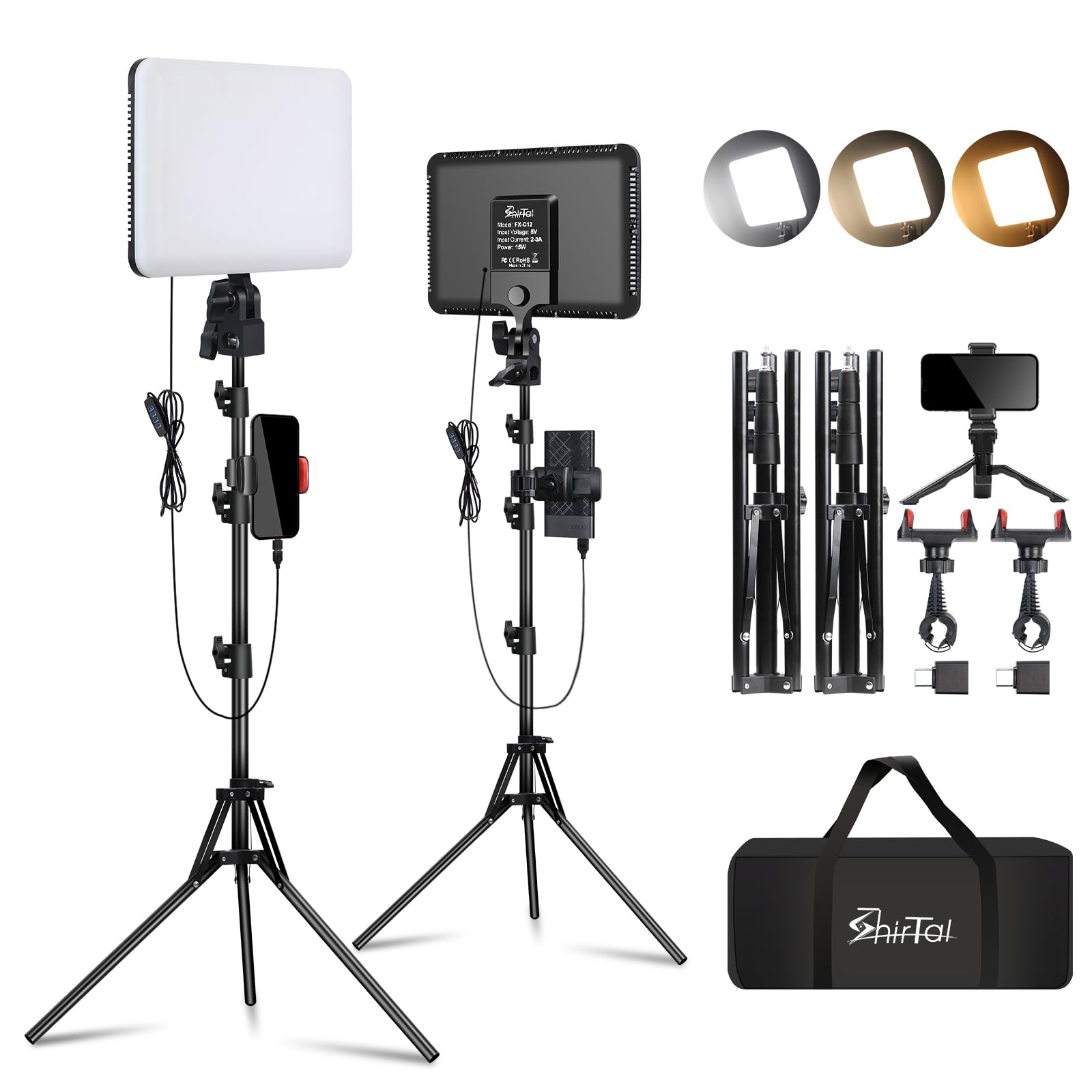 12" LED Video Light Kit,2-Pack Photography Lighting Kit,73" Height 2800-6500K Dimmable Studio Lights with Tripod Stand and Phone Holder, Streaming Lighting for Video Recording,Podcast,YouTube
