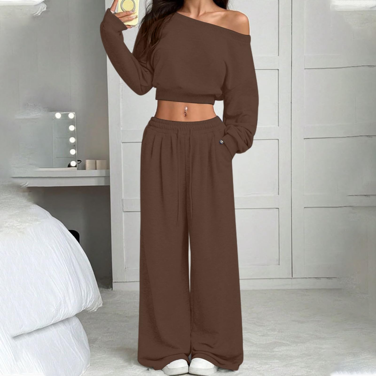 Atuendo Mujer Sportiva Básico Invierno Cintura Alta Manga Larga Fresco Adaptar Color Sólido Fuera del Hombro