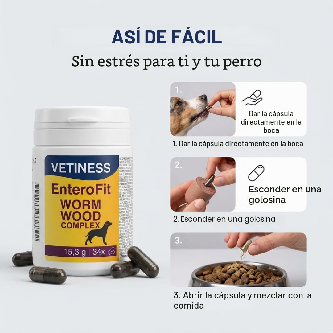 EnteroFit - Complejo de gusanos para perros – antigusanos secundarios – 34 cápsulas de ajenjo – alimento complementario para un ambiente intestinal antigusano – segrega las pastillas para