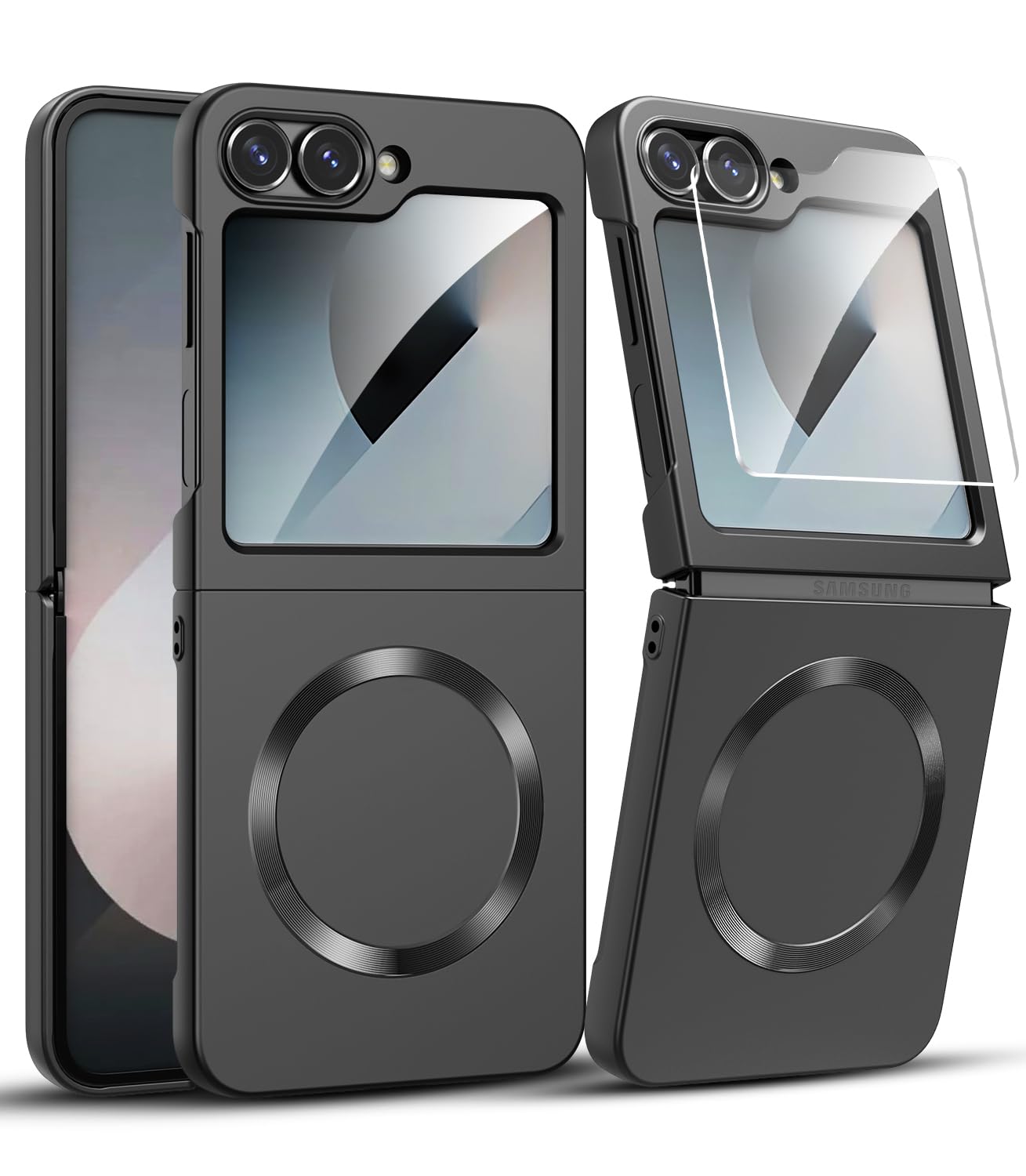 MAKAVO for Samsung Galaxy Z Flip 6 Case, Flip 7 FE Case Compatible with MagSafe, with Built-in Screen Protector, Flip6 Slim Hard Magnetic Phone Case, Black