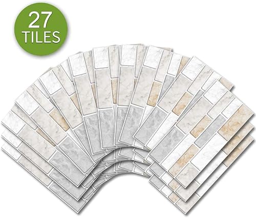 Miniatura 3 de funlife 27 calcomanías autoadhesivas de PVC para loseta en muro, azulejos de pared para cocina, baño, efecto de mármol cálido sintético, no 3D