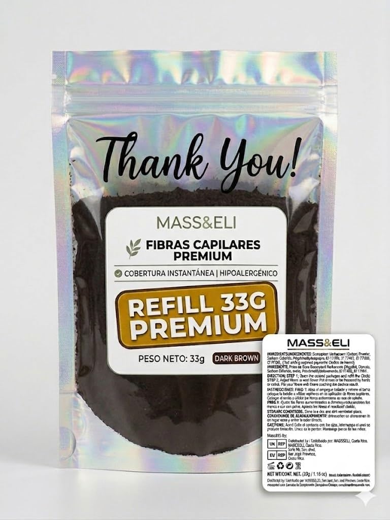 MASS&ELI Premium Hair Building Fibers 33g – Instant Thinning Hair Concealer Refill – 100% Natural Plant-Based Cotton Fibers for Men & Women – Undetectable & Weather Resistant (Dark Brown)