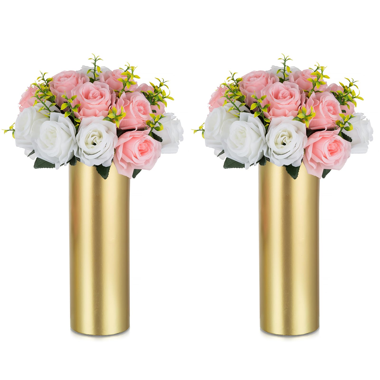 NUPTIO Jarrón Dorado Centro Mesa: 2 Piezas 32cm Flores Artificiales Jarron Boda Modernos Alto Metal Floral Rosa Decoracion Recepción Estética