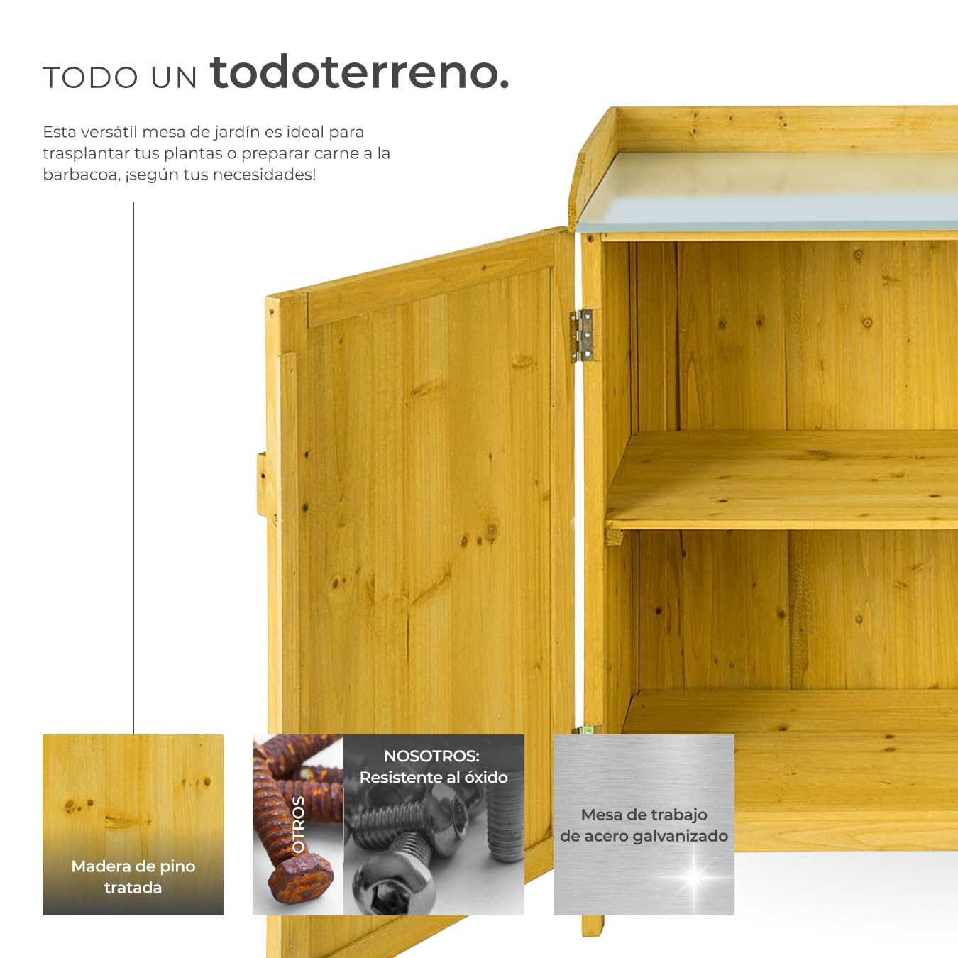 tectake® Armario Exterior de Madera con Estanterias Almacenaje, Ideal para Muebles Jardin Exterior y Jardin, con Superficie Galvanizada y Espacio Protegido para Almacenamiento - 98 x 48 x 95 cm