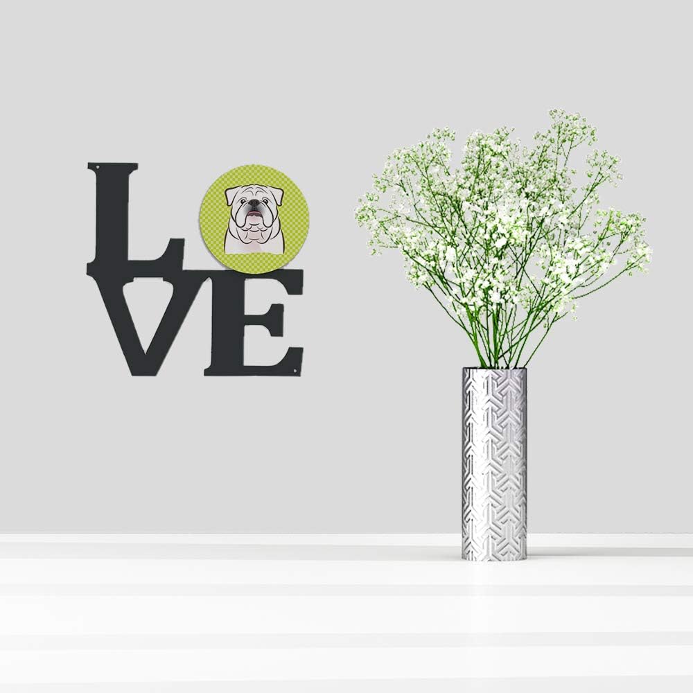 Caroline's Treasures BB1282WALV Checkerboard Lime Green White English Bulldog Metal Wall Artwork LOVE Indoor Outdoor Art Decor Patio, Bathroom, Kitchen Colorful Aluminum and Black Steel Sculpture