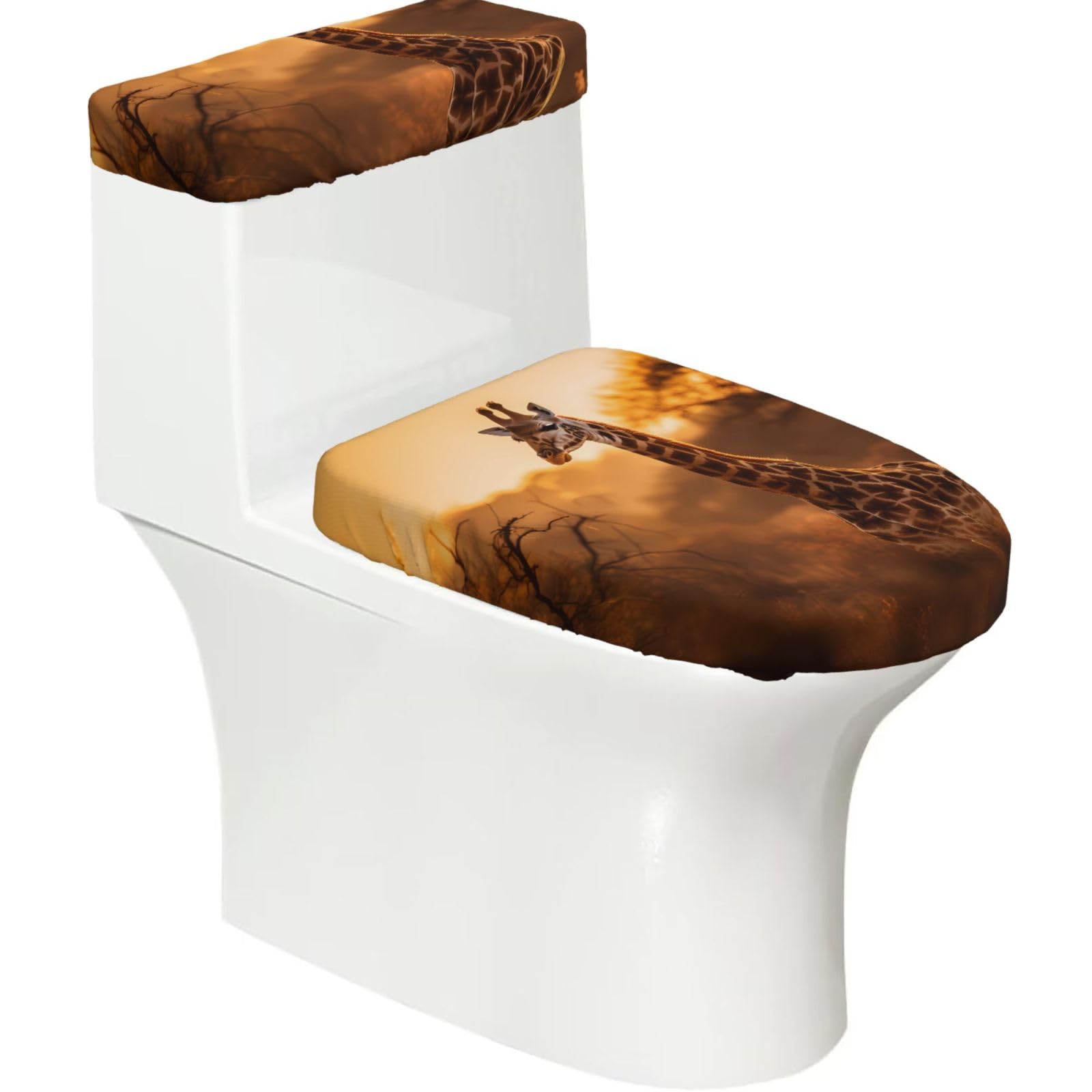 Giraffe 2-Piece Toilet Seat Cover Set with Tank Lid - Elastic for U-Shape & Elongated - Bathroom Decor
