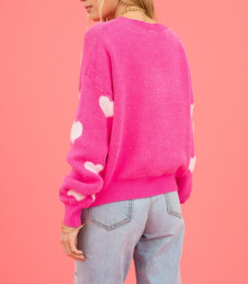 Image of Women's Cute Heart Sweater Love Print Valentine Romantic Knitted Top Casual Crewneck Long Sleeve Sweaters Pullover