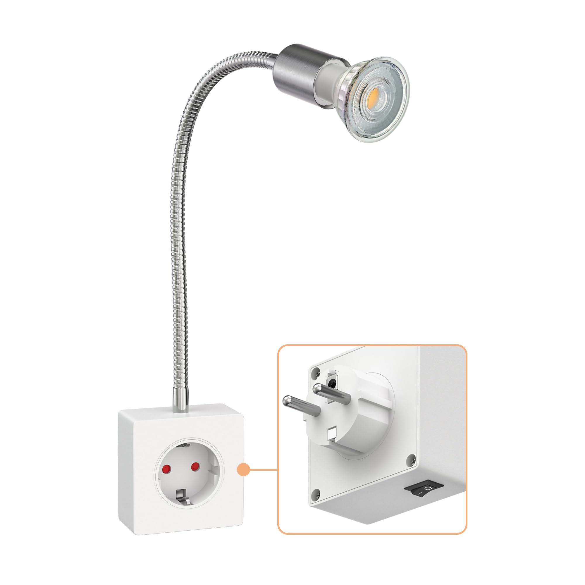 ledscom.de Steckdosenlampe LESCH Leselampe, chrom/weiß inkl. GU10 LED (warmweiß, 7,6W, 1103lm, 33°)
