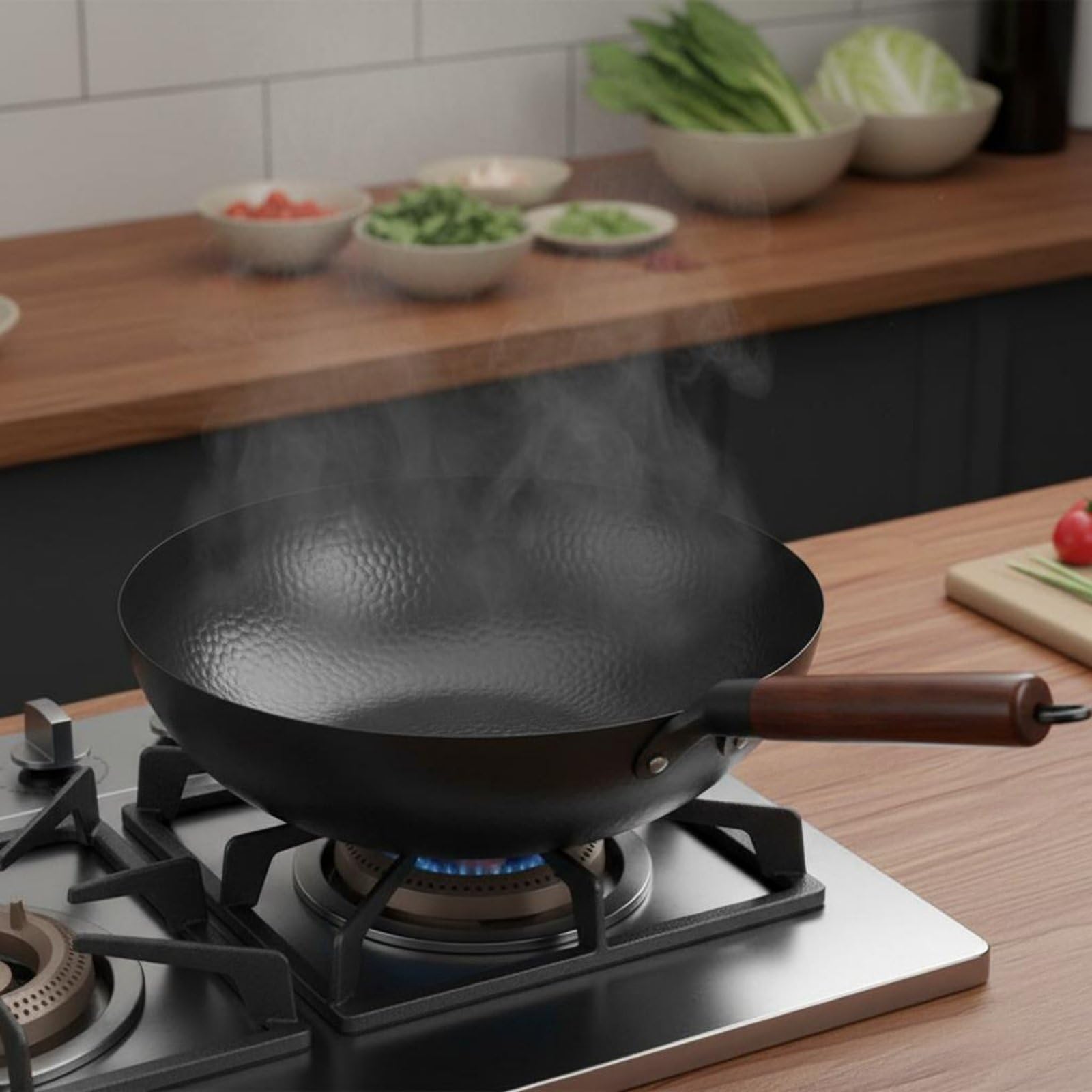 Wok de Hierro Forjado a Mano Sartén de Hierro Sartenes para Saltear Sartén Plana sin Recubrimiento Material Puro y Libre, Wok Tradicional Forjado De Hierro De 32cm Sin Tapa