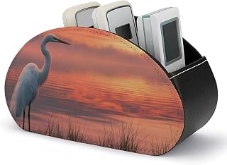 White Egret Bird Resting by Lakeside at Sunset Remote Control Holder with 5 Compartments Leather TV Remote Caddy Remote Storage Box Desktop Organizer for Pen/TV Remotes/Media Controllers/Office Suppli
