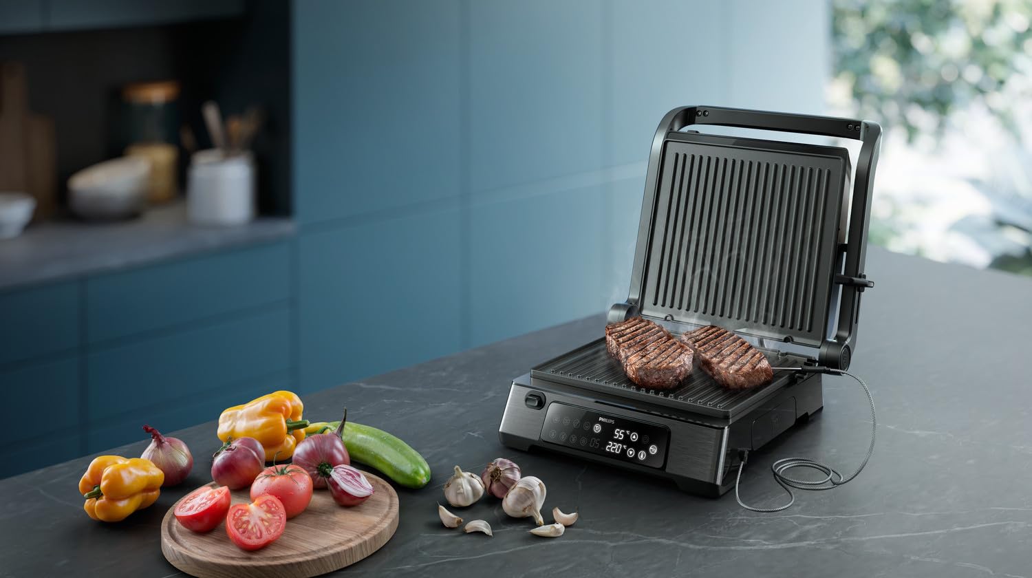 Philips 7000 Series - Griglia di contatto - Controllo digitale della temperatura, 8 preimpostati, piastre antiaderenti rimovibili, sonda integrata, piatta aperta, alta potenza, facile da pulire