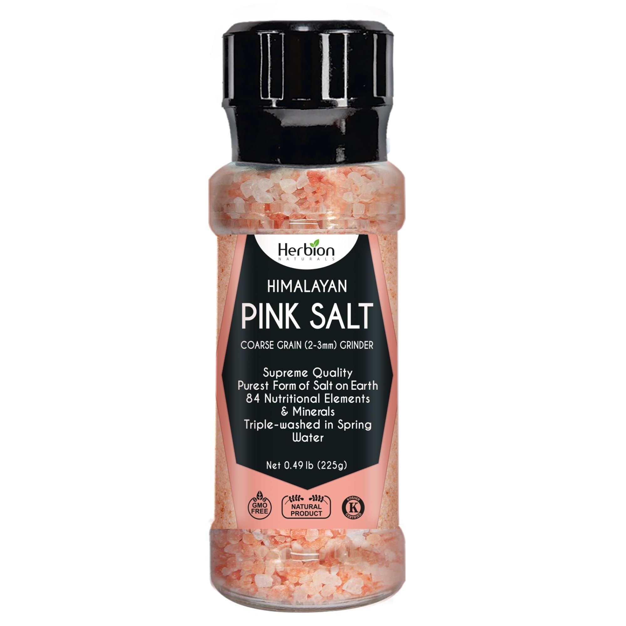 Herbion Naturals Himalayan Pink Salt Grinder Coarse Grain, 100% Pure with 84 Minerals for Seasoning, Refillable, All-Natural Salt, Triple-Washed in