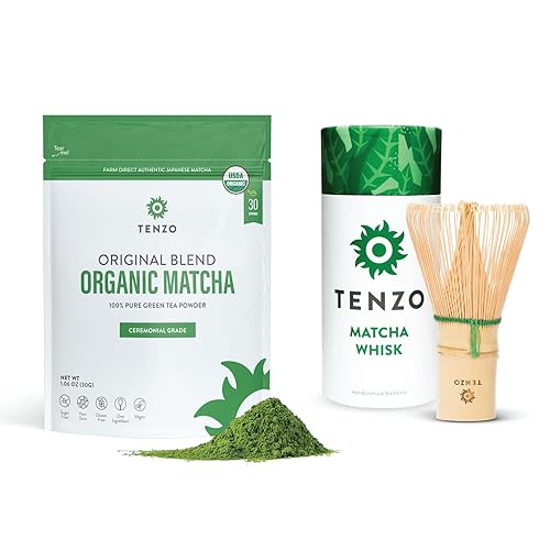 Tenzo Matcha té verde en polvo mezcla original (1.06 onzas) con batidor de bambú de 100 puntas