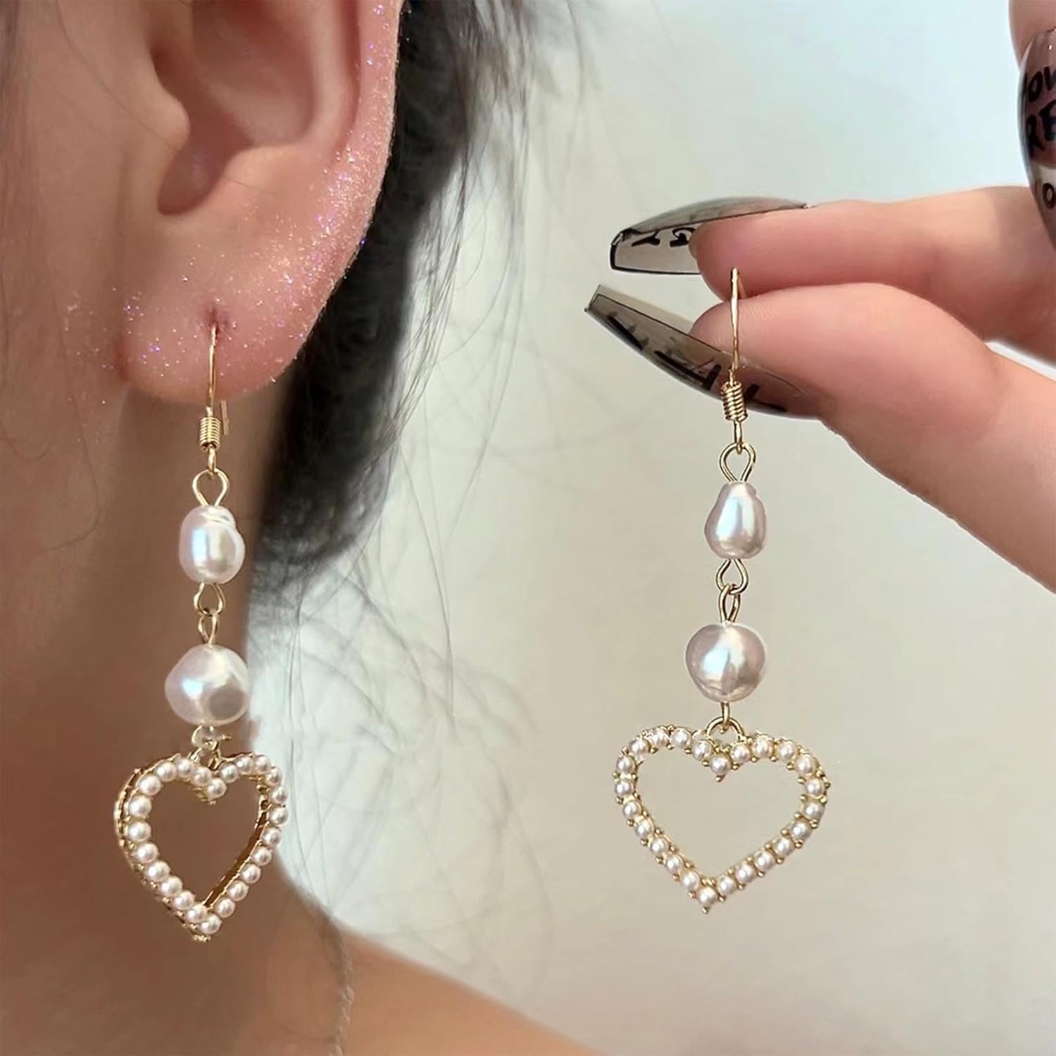 Vintage Pearl Heart Dangle Earrings Hollow Pearl Heart Earrings Heart Love Drop Earrings Pearl Heart Love Earrings Jewelry for Women - Image 2