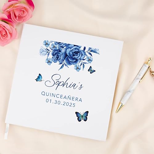 Miniatura 4 de Andaz Press Libro de invitados de quinceañera personalizado con detalles dorados, mariposas azules y flores, 120 páginas de 8.5 x 8.5 pulgadas