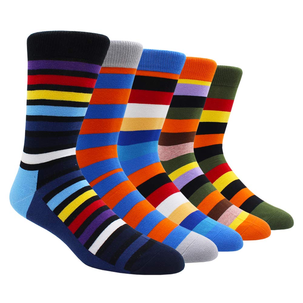 TOEJYJ Mens Fun Dress Socks, Pattern Funny Casual Socks Pack, Colorful Striped Cotton Novelty Socks Size 10-13