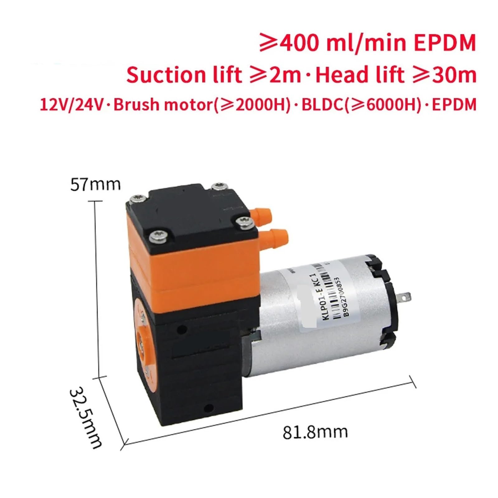 Bombas de Membrana de Alta presión Bombas sumergib Bomba de líquido de diafragma de Alto caudal KLP01 Mi ni de 400 ml/min, Motor de 12 V y 24 V CC, presión de líquido de 3 Bar for Laboratorio y Aguas