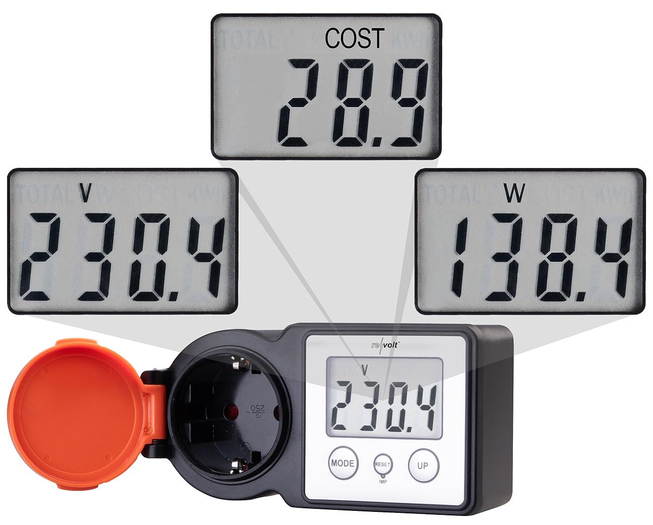 revolt Strommessgerät Steckdose: 2er-Set Outdoor-Energiekostenmesser & Stromverbrauchszähler, 3.680 W (Stromzähler Steckdose außen, Watt Messgerät, Solar Lichterkette)