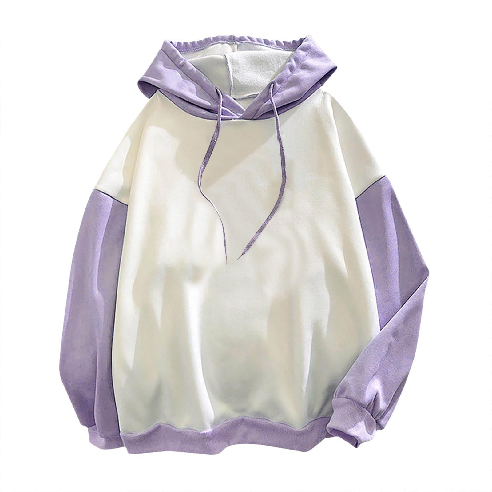 Summer Tops for Womens Casual Solid Color Patchwork Long Sleeve Tops Hoodie with Pocket & Adjustable Drawstring Hood - Perfect for Everyday Comfort