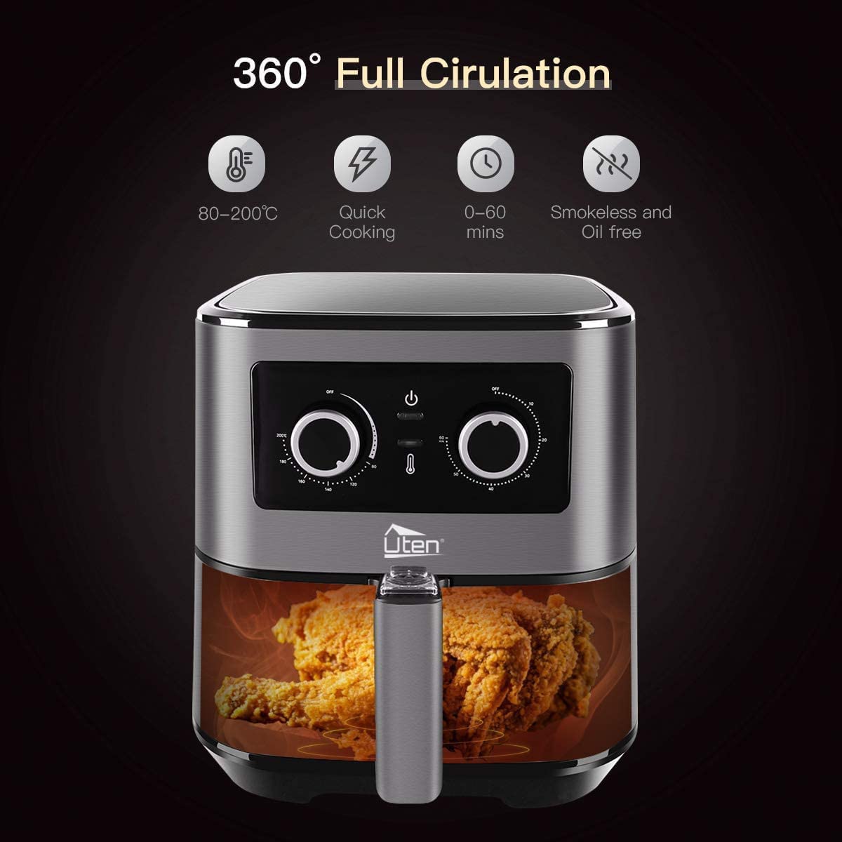 Uten Friggitrice ad Aria Calda 5,5 Litri, Friggitrice Senza Olio XXL, Acciaio Inossidabile, 1700W Air Fryer, Timer e Temperatura Regolabile, PFOA e BPA Free
