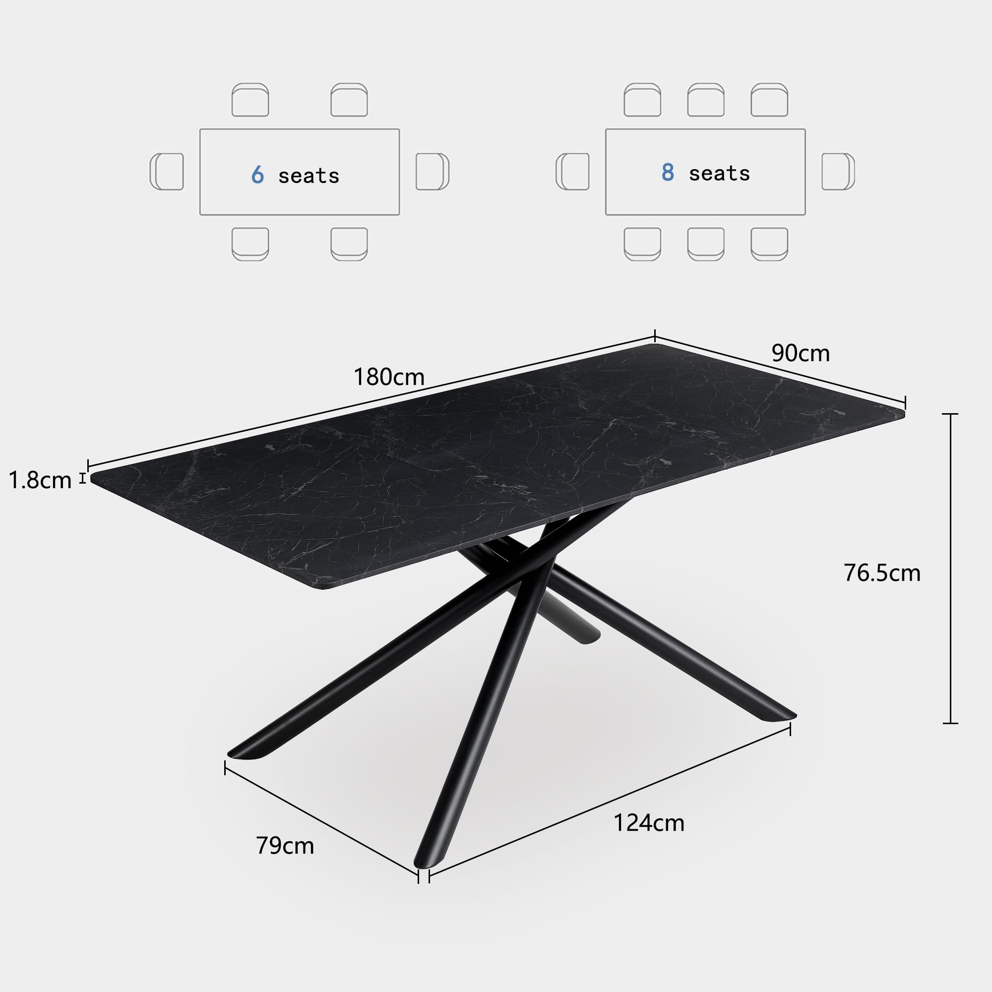 Tavolo da pranzo rettangolare, tavolo da cucina moderno, piano in MDF giuntato 180x90cm, gambe a croce in metallo, può ospitare 6-8 persone (imitazione marmo nero)