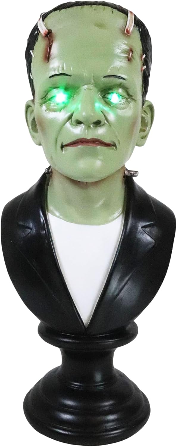 Ebros Gift Day of The Dead Victor Frankenstein Bust Figurine with Green LED Light Up Eyes 13.25" H Gothic Macabre Fantasy Halloween Undead Zombie Accent Sculpture