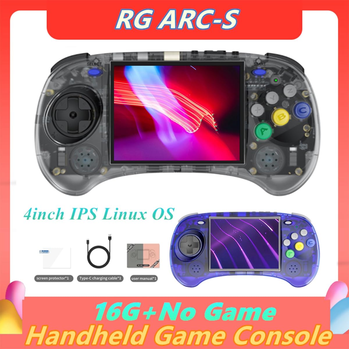 Junguluy Console di Gioco Portatile RG ARC-S Operativo Linux IPS 4 Pollici Design Sei Pulsanti Lettori Video Retrò Compatibile con Gestione con Cavo A