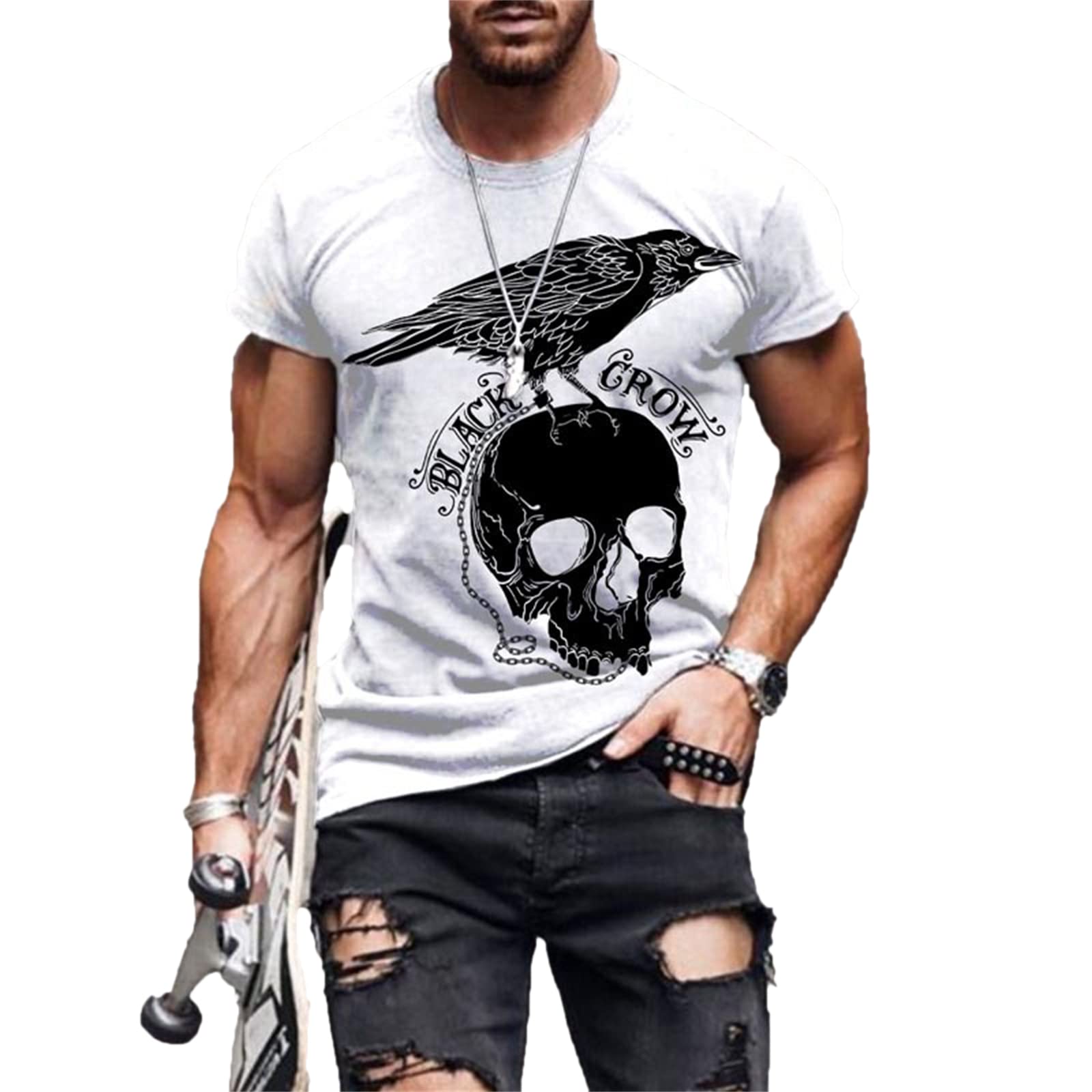 T-shirt Homme Imprimé Motard Crâne - Col Rond Manches Courtes - Neuf Avec étiquette - Taille S à XXL