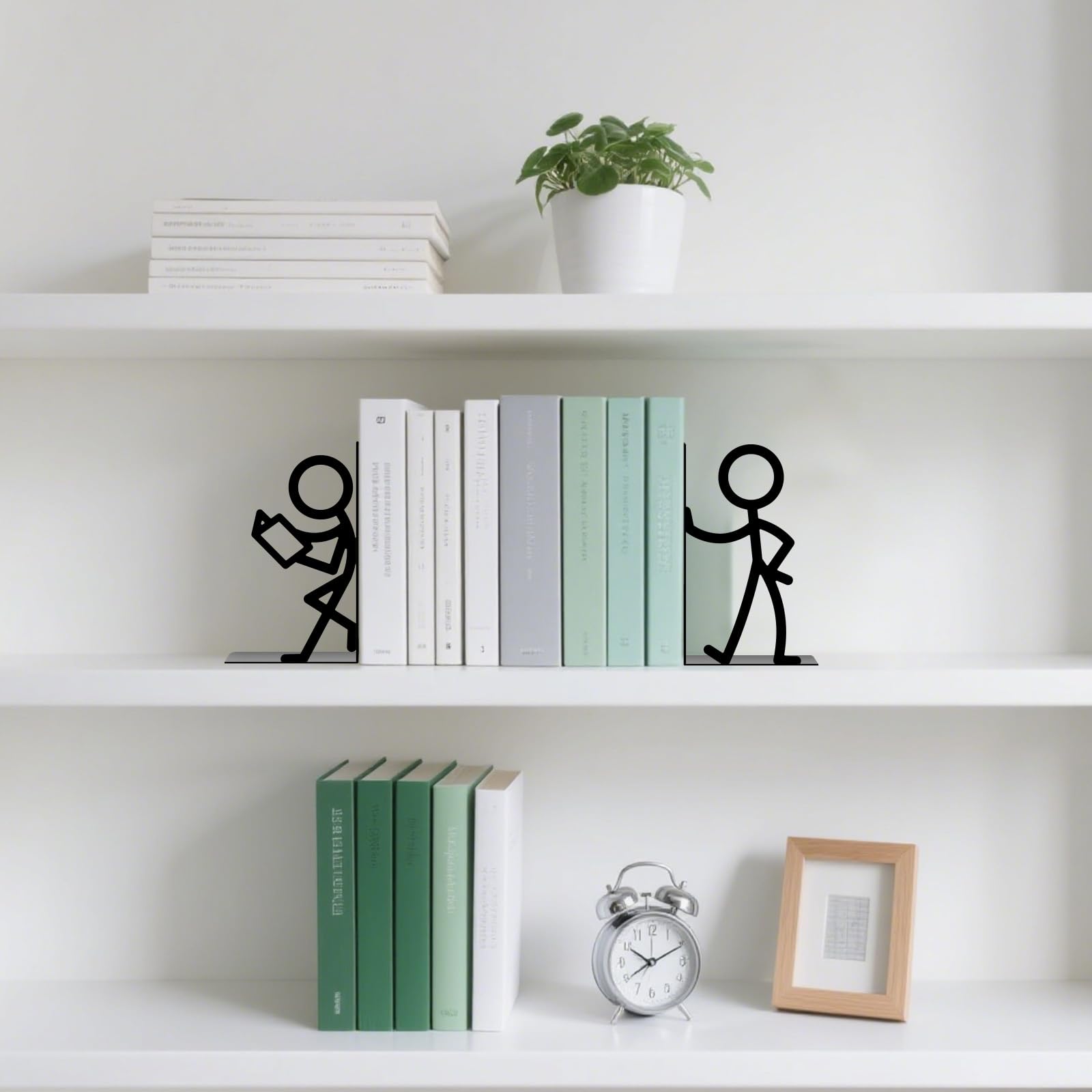 1 paio di fermalibri per scaffali, fermalibri in metallo robusto, supporti per libri neri carini, organizzatori di libri originali per bibliofili, scaffali (persone)