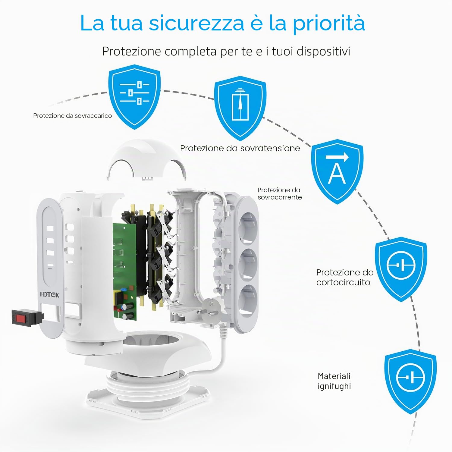 FDTEK Ciabatta Multipresa Verticale Torretta Multipresa da Scrivania con 3 USB-A & 1 Tipo-C e 9 Spina Tedesca, Prese Multiple Elettriche con Interruttore, Cavo Retrattile da 1,65 mt,Bianco 2500W/10A